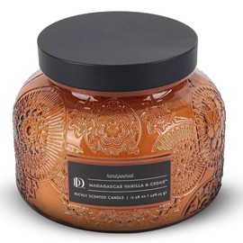 Madagascar Vanilla & Cedar Embossed Jar Candle (17.6 oz) Vanilla, Floral- Large Scented Candles for Relaxing - Dual Wick Embossed Glass Jar Candle - Vanilla Scented Candle Gift for Women