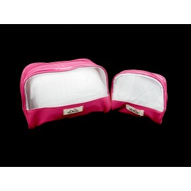 eDiva Set of 2 Vinyl Makeup Pouches, Fuschia Outer Shell w/Sheer Side Panels, Zippered