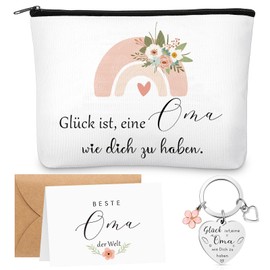 Xuniea Oma Geschenke Set inklusive Oma Kosmetiktasche Schlüsselanhänger Grußkarte mit Umschlag für Großmutter Mama Geburtstag Muttertagsgeschenk