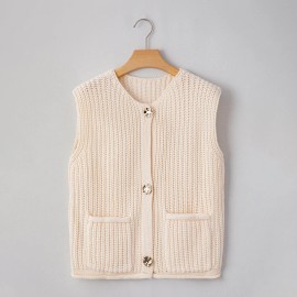 Dear-Lover Local Us Stock No Import Charges Wholesale Solid Color Textured Side Pockets Sleeveless Buttoned Knitted SweaterSize: S, Color: LC274085-P101