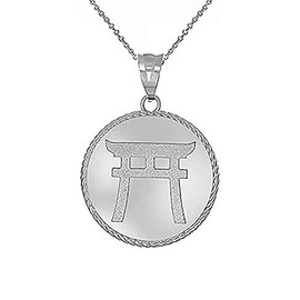 925 Sterling Silver Japanese Torii Gate Shinto Disc Charm Pendant Necklace (16")