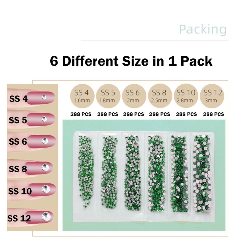 1728PCS Nail Art Rhinestone Light Green Glitter Diamend Gems 3D