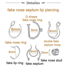 QWALIT Fake Nose Ring Fake Nose Piercing Fake Lip Piercing Fake Septum Ring Fake Lip Ring Faux Nose Ring Silver Clip on Nose Ring for Women Men Fake Septum Piercing Faux Septum Nose Rings