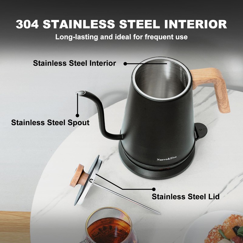 Nueve&Five Gooseneck Electric Kettle with Thermometer， Black Electric Kettle 1L