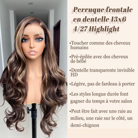 Perücke aus Kunsthaar mit Strähnen 13 x 6 HD ohne Klebstoff, vorgezupft, honigblond, 4/27, gewellt, 66 cm, bereit zum Tragen, für schwarze und weiße Frauen