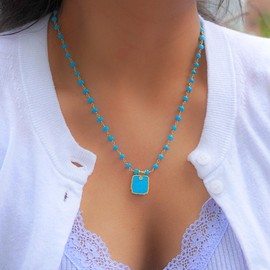 Turquoise Necklace for Women, Square Premium Gold Beaded Necklaces - Tarnish Free 18K Gold Plated Certified S925 Classic Statement Necklace Gold Jewelry for Women - Mothers Day Gifts for Mom Wife