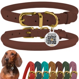 BRONZEDOG Rolled Leather Dog Collar Durable Round Rope Collars for Small Medium Large Dogs Puppy Cat Burgundy Mustard Dark Blue Light Brown (18−22 cm, Cognac)