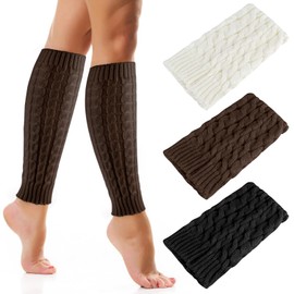 PLULON 3 Pairs Winter Leg Warmers Ladies Twist Knitted Leg Long Women's Leg Warmers Boot Cuff Knee Socks Crochet Knee Boots Ankle Warmers for Women Girls, Black White Coffee