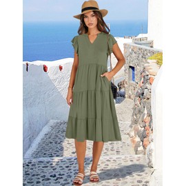 ANRABESS Womens Summer Dress Ruffle Sleeve V Neck Midi Dresses Fashion Casual Fit Flowy Tiered Boho Beach Vacation Sundress Olive-M