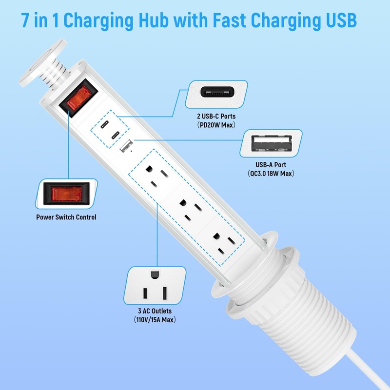 Pop Up Outlet for Countertop, 2.5'' Manual Lift Recessed Power