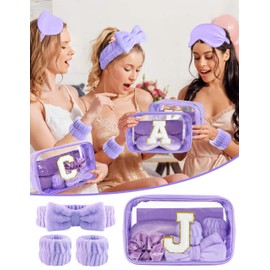 Gift Sets for Women, Initial Makeup Bag with Makeup Brush Set Bachelorette Party Favors, Purple Spa Kit with Skincare Headbands Wrist Bands Sleepover Party Supplies Gifts for Teen Girls Bridesmaid J
