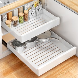 Pull out Cabinet Organizer with Adhesive No Screw Installation, Heavy-Duty Sliding Pantry Shelves with Peel and Stick Drawers, Pot and Pan Storage for Home Kitchen Bathroom Cabinets Under Sink White