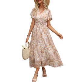 ANRABESS Womens Summer Floral Maxi Dress Casual V Neck Short Sleeve Chiffon Boho Flowy Beach 2025 Wedding Guest Long Dresses Apricot Flor X-Large
