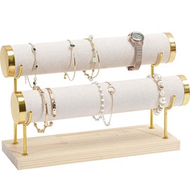 ProCase Detachable Bracelet Holder Stand, Gold Bracelet Organiser for Selling, Velvet Wrap Bracelet Display Rack with Wooden Base for Bangles Scrunchies Watches - 2 Tier, Beige