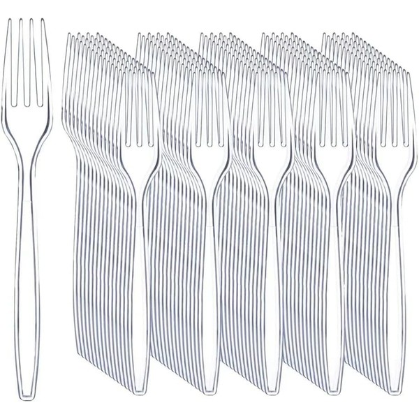 100 Count Extra Heavy Duty Disposable Clear Plastic Forks,BPA-Free,Heat Resistant,Premium