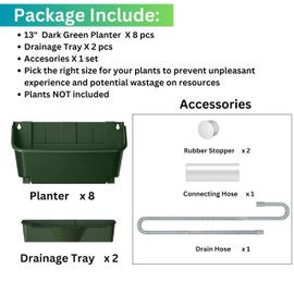 Maxona Vertical Dark Green Planter - 8 Pack, 13 inch Wall Mounted Planter with 2 Drainage Tray for Indoor and Outdoor Decor, Home Plastic Pot Balcony Planter, Plant Vegetable Fruit Hanging Flowerpot