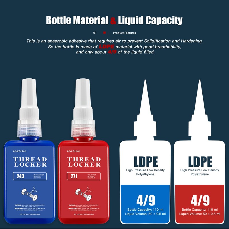 ESKONKE 3 Pack Thread Locker Blue 243 + Red 271