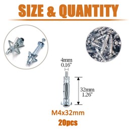 ISPINNER 20 tornillos de anclaje de pared M4 x 32 mm de acero chapado en zinc para yeso, yeso y azulejos