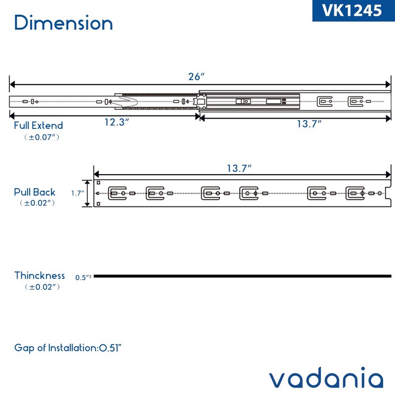 VADANIA 14" Soft Close Drawer Slide, #VK1245, 3-Fold Full Extension,