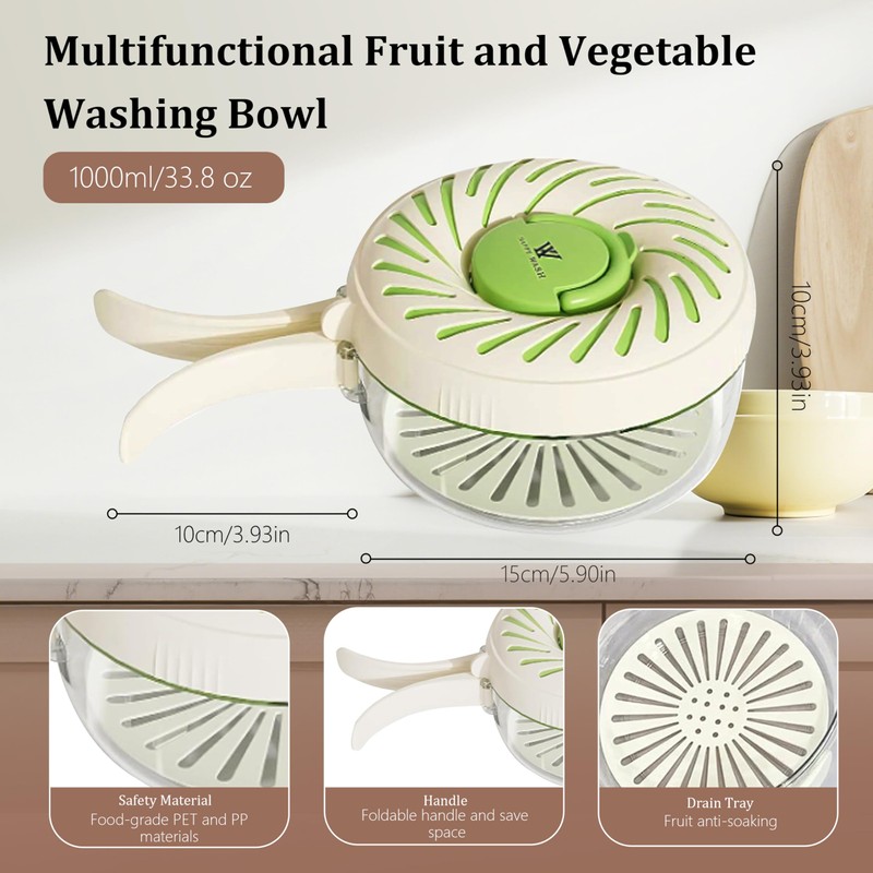 Fruit Washing Bowl with Strainer and Lid with Handle, Portable