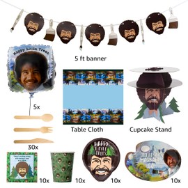 Bob Ross Party In A Box Kit - Serves 10 People - Includes Plates, Napkins, Utensils, Cups & More- Over 100 Pieces - For Bob Ross Fans, Artists, Retirement, Graduation Parties - Party Supplies