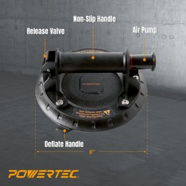 POWERTEC 8 Inch Heavy Duty Vacuum Suction Cups with 242 lbs Loads Capacity, 1 PK, Handheld Vacuum Suction Cup Lifter to Lift Large Tile, Granite, Marbles & Windshield Removal (71884)