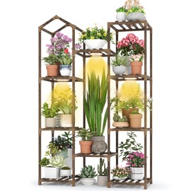 Sttoraboks Wooden Plant Stand with Grow Light, 4-Tier Indoor Ladder Shelf with Roof Design, Carbonized Wood Rack for Balcony, Corner, or Living Room, Space-Saving Decorative Holder