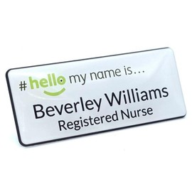 Customised Print Hello My Name is Badge Green Logo, with Resin Domed Coating, White/Black Text 76 x 32 mm Doctor Student Doctor GP Healthcare Assistant Nurse Practitioner Clinical Medical