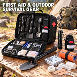 MOLLE Tactical First Aid & Survival Kit with Folding Shovel, Tourniquet and Emergency Gear