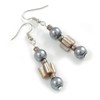 Grey Glass and Antique White Shell Bead Drop Earrings with