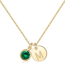 Hidepoo 14k Gold Plated Female Necklace, Initial Birthstone Disc, May Emerald, for Women and Girls