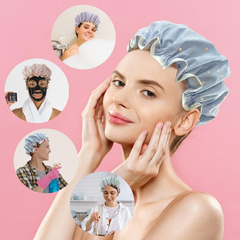 2 Pack Shower Caps, Elastic and Reusable Bonnet, Double Waterproof