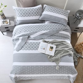 SahSahCasa Quilt Queen Size, Queen Quilt Set, 100% Cotton Queen Quilt Bedding Set Bedspreads, Reversible Lightweight Floral Patchwork Quilts Bedspread for Queen Bed, Bluish Grey, All Season, 3-Piece