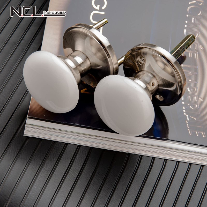 NCL White Door Knobs, Satin Nickel Keyless Door Handles, Porcelain