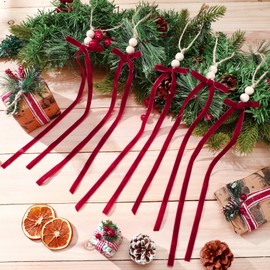 Arrowbash 24 Pcs Burgundy Velvet Bow with Wooden Beads Large Christmas Velvet Bow with Bead Ornaments Hanging Decor Vintage Xmas Ornaments for Trees Wreaths, Gifts Home Garland Decor
