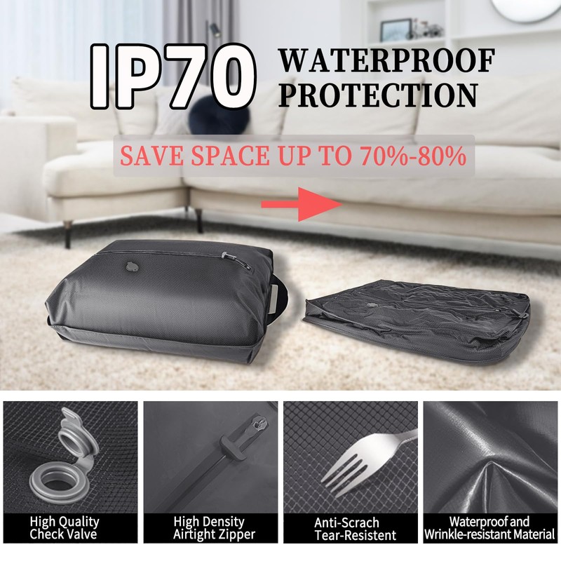Vacuum Bags for Travel IP67 Waterproof Reusable Compression Storage Space