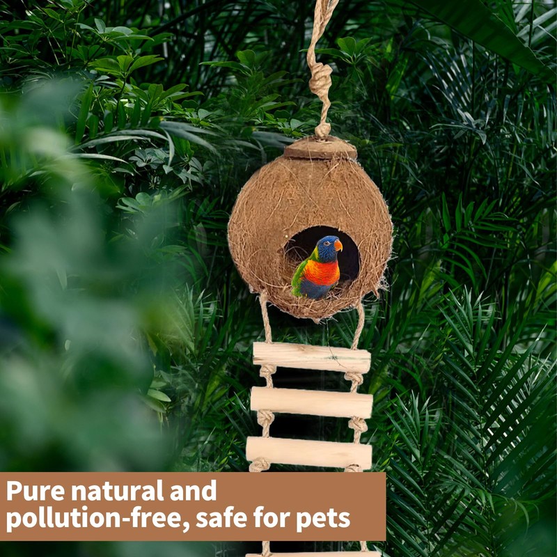 Gecko Coconut Husk Hut, Natural Coconut Shell Bird Nest with
