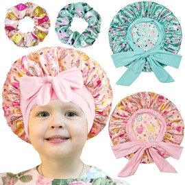 2 PCS Kids Satin Bonnets for Girls with Scrunchies,Hair Bonnet for Sleeping,Toddler Tie Silk Bonnets Curly Sleep Cap