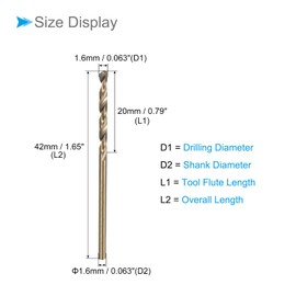 CoCud Twist Drill Bits, 1.6mm Drilling Diameter, Titanium Coated (HSS-CO) M35 5% Cobalt High Speed Steel - (Applications: for Stainless Steel Alloy Metal), 10-Pieces