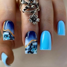 Press on Nails Medium Square Coffin Blue Gradient Ink Swoosh French Tip Fake Nails Short with Designs Full Cover False Nails Square French Tip Glue on Nails Cute Short Square Acrylic Thick Stick on Nails for Women Nails Art 24Pcs BKS2343