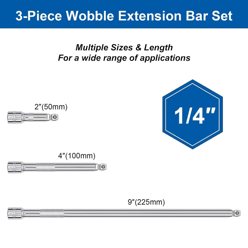 DAKCOS 3 Pieces Wobble Extension Bar Set, 1/4 Inch Drive
