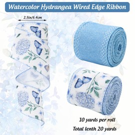 JarThenaAMCS Blue Hydrangea Flower Wired Edge Ribbon Watercolor Butterfly Floral Craft Fabric Ribbon for Spring Summer Wreath Bow DIY Wrapping Party Decor, 2 Rolls, 20 Yard