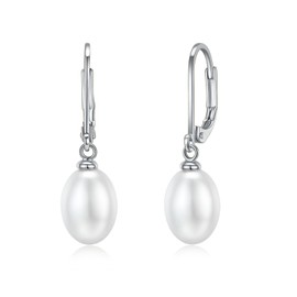MINDDHA 14K White Gold Plated Sterling Silver Hoop, AAA+ Quality Simulated Shell Pearl Leverback Dangle Stud Pearl Earrings | Silver Earings For Women | Oval Earrings