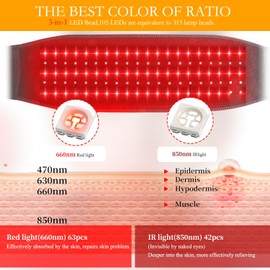 Cinturón de luz roja con cable, 105 ledes, chip 3 en 1, 660 nm y 850 nm, rojo y cercano, luz infrarroja, con 5 ajustes de brillo y 6 ajustes de tiempo para piernas, espalda, cintura, hombros y cuello