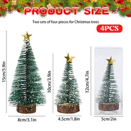 4 Pcs Mini Christmas Tree with Light 15cm/10cm Mini Snow Frost Trees LED Tabletop Pine Trees with Wooden Base Artificial Christmas Tree with String Light for Winter Xmas Home Office DIY Desktop Decor