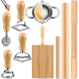 KITment 9pcs Pasta Making Tools Set, Pasta Maker, Wood Gnocchi Board, Rolling Pin, Pasta Roller, 4 Ravioli Stamp Maker Cutter, Dumpling Maker, Kitchen DIY Gift