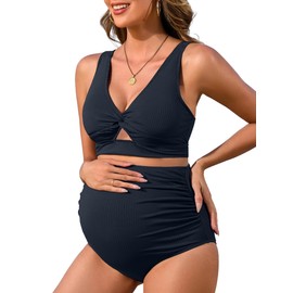 Charmo Women Maternity 2 Piece Bikini Set Ribbed Cutout Pregnancy Bathing Suit with Adjustable Straps Wine Navy L