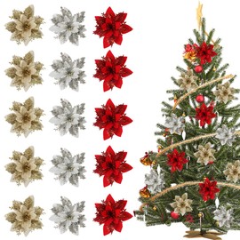 Glitter Christmas Flowers, FainFun Pack of 15 14 x 14 cm Christmas Flowers Gold Silver Red for Christmas Tree, Artificial Flowers for Christmas, Wedding, Garden, Party Decoration
