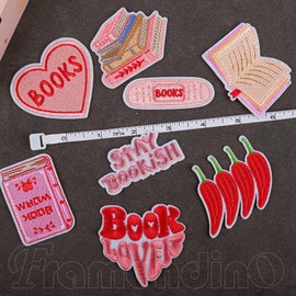 Framendino, 8 Pack Bookish Iron on Patches Pink Style Embroidered Repair for Clothing Jackets Hats Backpacks Jeans