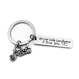 EROSPA® Key Pendant with Saying – Gift – Metal – Silver (Drive Safe – with Motorcycle Pendant), silver